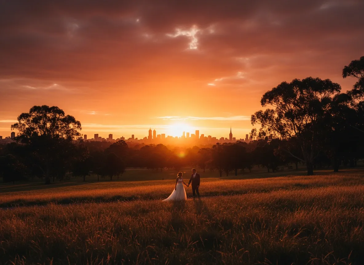 Wedding couple at Melbourne sunset