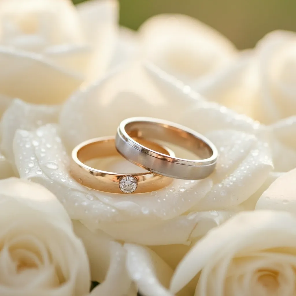 Wedding rings on rose petals
